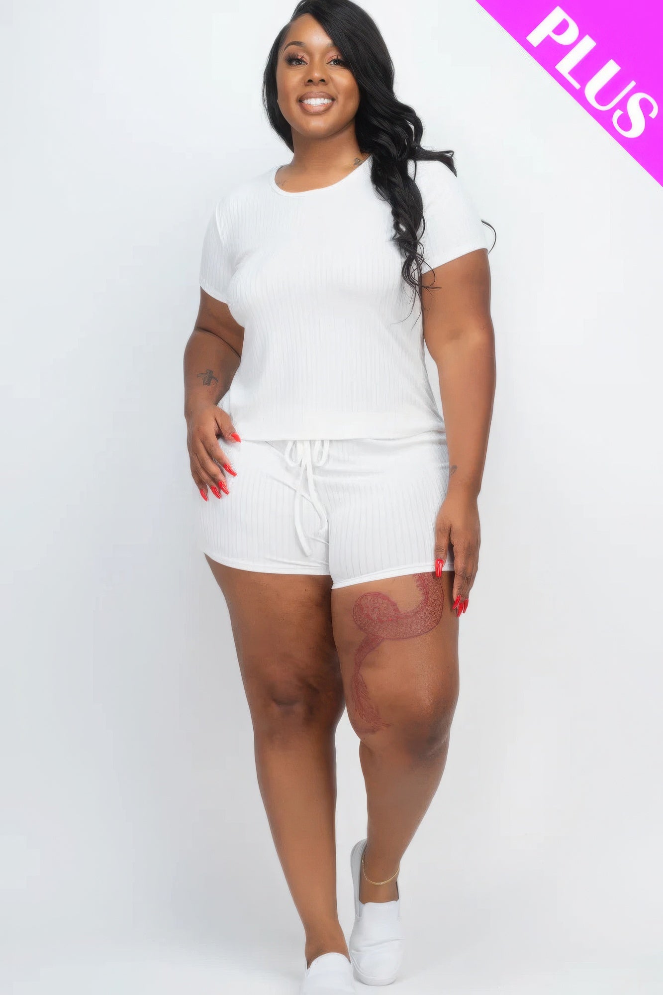 Plus Size Ribbed Short Sleeve Top&shorts Set