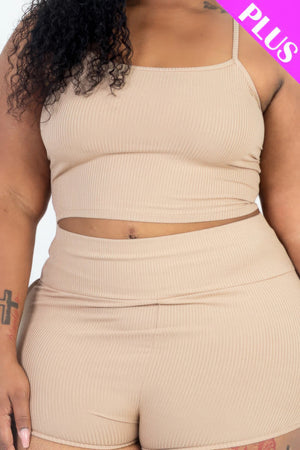 Plus Size Ribbed Cami Crop Top & Ruched Shorts Set