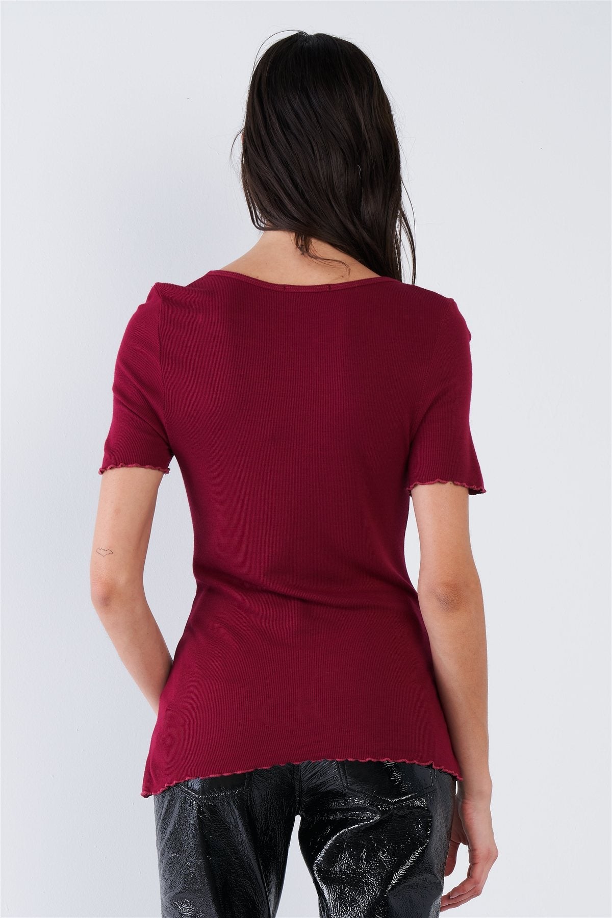 Cherry Red Ribbed V-neck Top