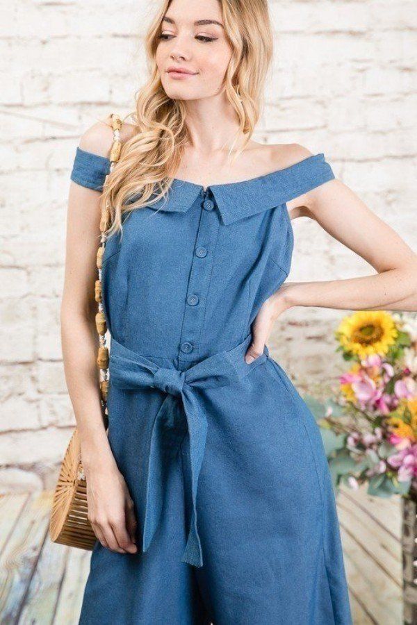 Fold-over Collar Detailed Button Down Off-shoulder Chambray Denim Wide Leg Palazzo Jumpsuit With Waist Tie