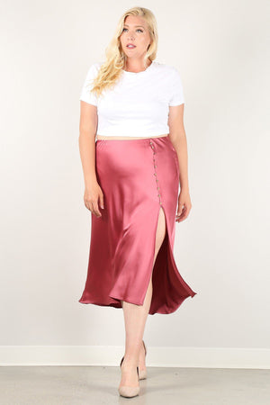 Solid High-waist Skirt With Button Trim And Side Slit