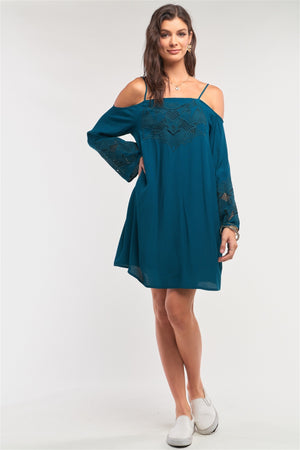 Teal Green Off-the-shoulder Flare Long Sleeve Square Neck Crochet Embroidery Mini Dress