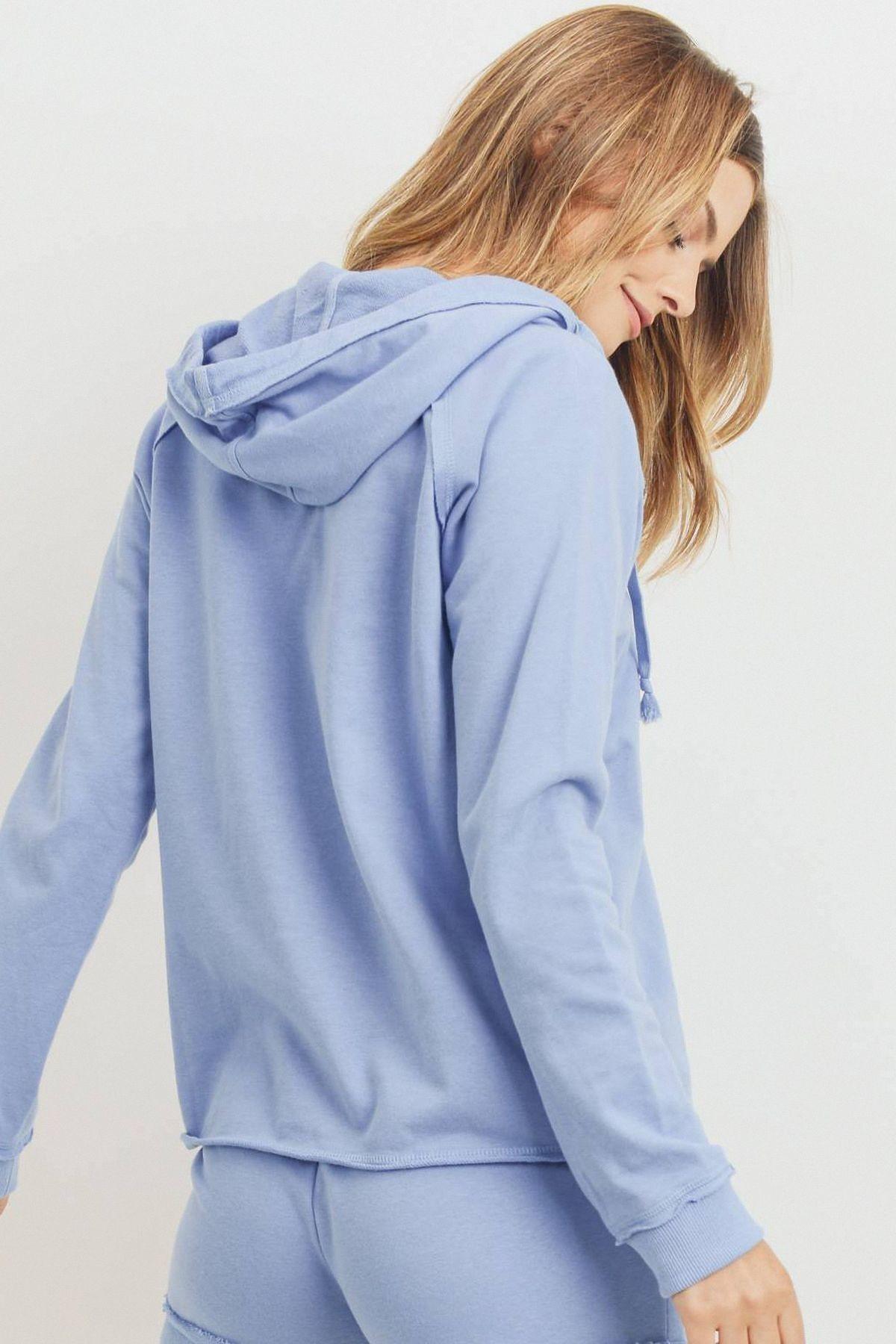 French Terry Hood With V-neck Long Sleeve Top