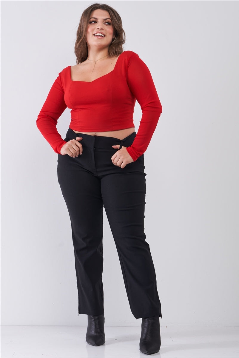 Plus Size Crimson Red Long Mesh Sleeve Sweetheart Neck Detail Structured Crop Top