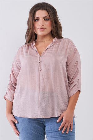 Plus Striped Frill Neck Gathered Sleeve Detail Button-down Relaxed Boho Top