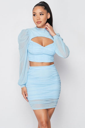 Sexy Sheer Cutout Puff Sleeved Top And Skirt Set