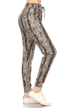 Snakeskin Printed Joggers With Solid Trim, Drawstring Waistband, Waist