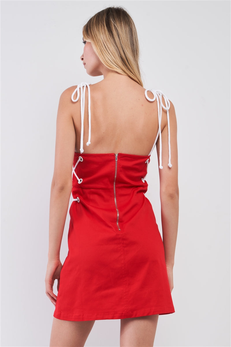 Lace-up Straps Sleeveless Square Neck Fitted Mini Dress