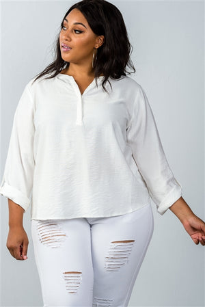 Plus Size Oatmeal Stand-up Collar Roll Tab Sleeve Blouse