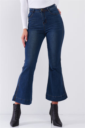 Blue Denim High Waisted Ankle Length Bell Bottom Flare Jeans