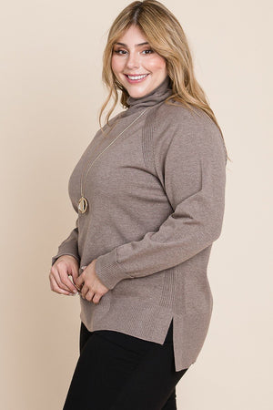 Plus Size High Quality Buttery Soft Solid Knit Turtleneck Two Tone High Low Hem Sweater