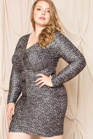 Leopard Print Shirring Plus Size Mini Dress