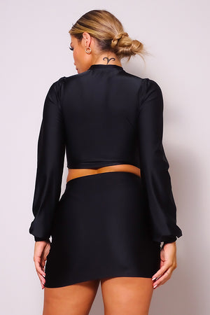 Puff Long Sleeve Front Cutout Turtleneck Blouse & Side Ruched Garter Mini Skirt Set