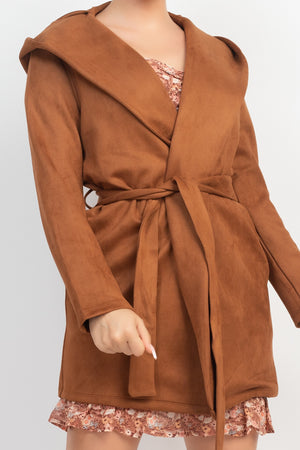 Suede Hooded Waist-tie Belt Jacket