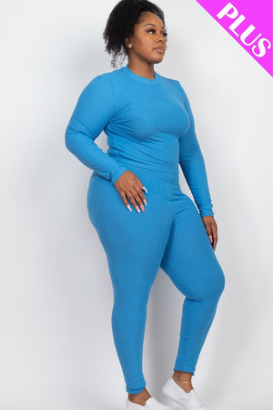 Plus Ribbed Mock Neck Long Sleeve Top & Leggings Set