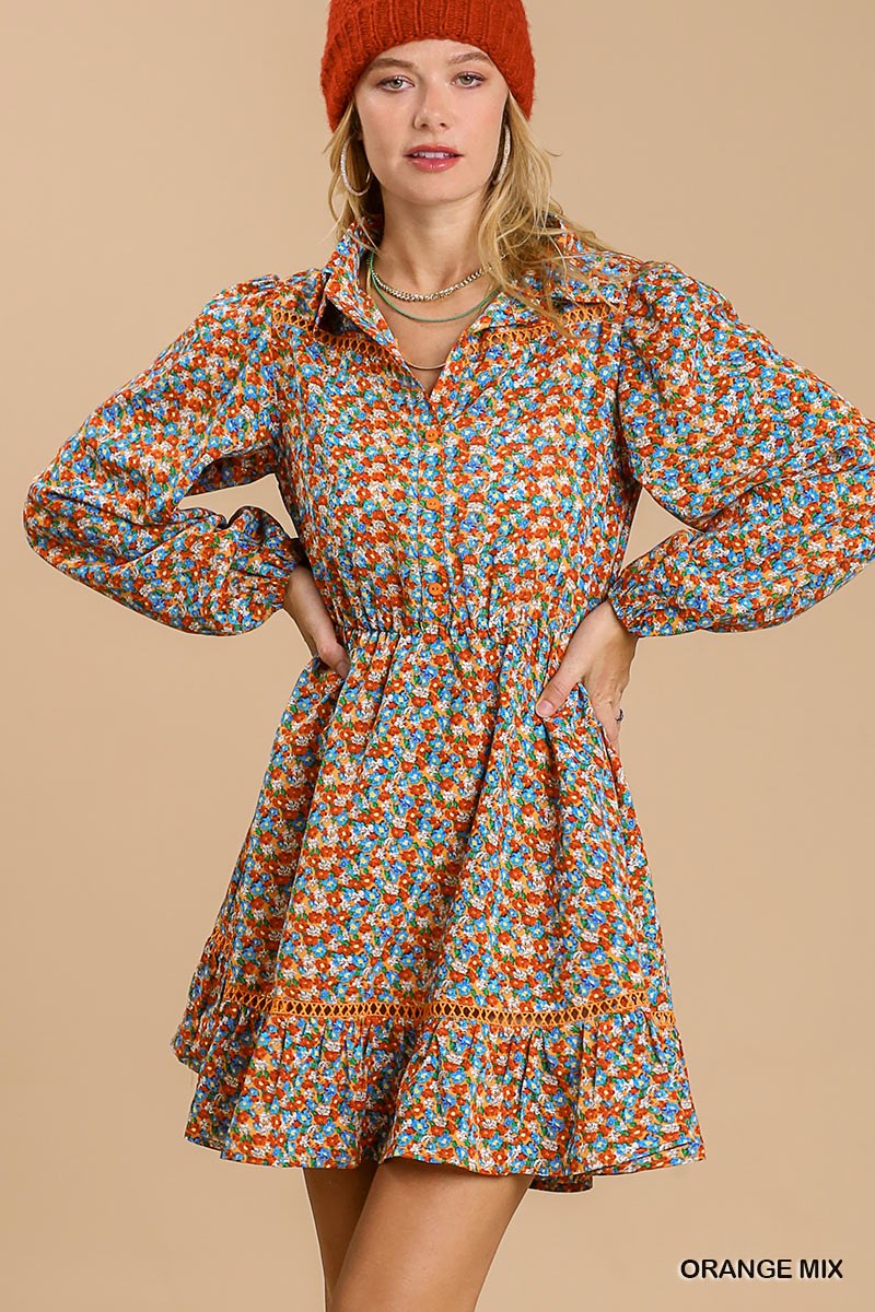 Collared neckline button down floral print dress with crochet trimmed details
