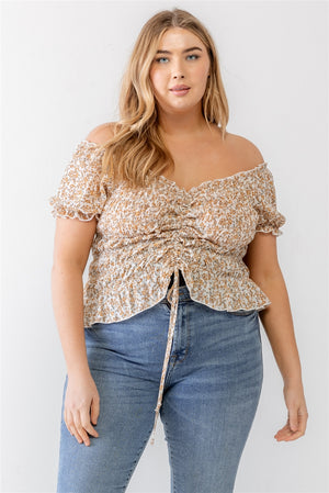 Plus Floral Chiffon Ruched Smocked Off-the-shoulder Top