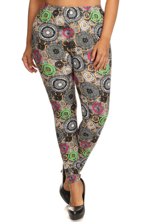 Plus Size Abstract Print, Full Length Leggings In A Slim Fitting Style With A Banded High Waist