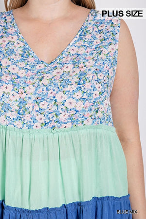 Floral Color Block Ruffle Detail Tiered V-neck Top