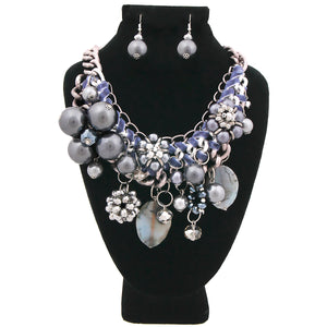 Chunky Chain Hematite Pearl, Crystal, and Bead Charm Necklace Set