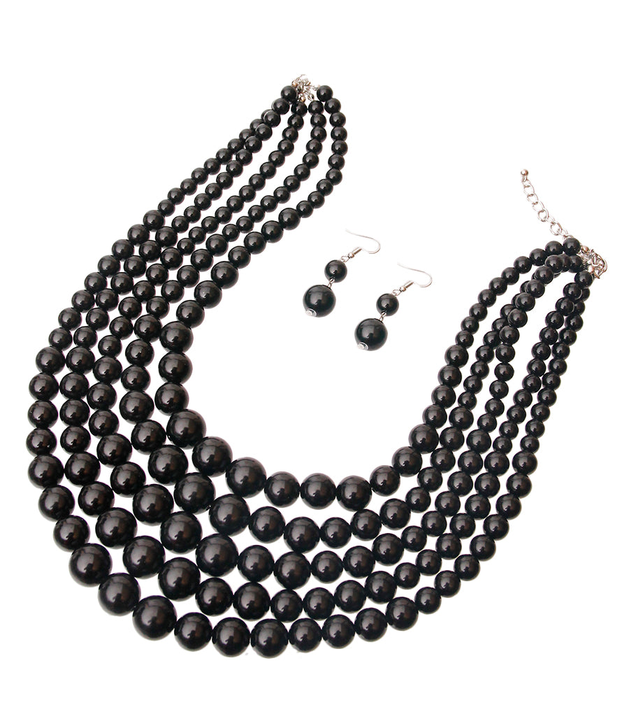 Black Multi Strand Pearl Necklace Set