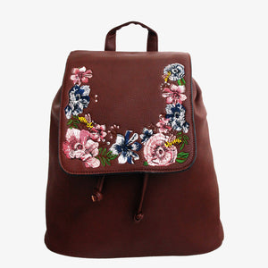 Dark Brown Embroidered Flower Backpack