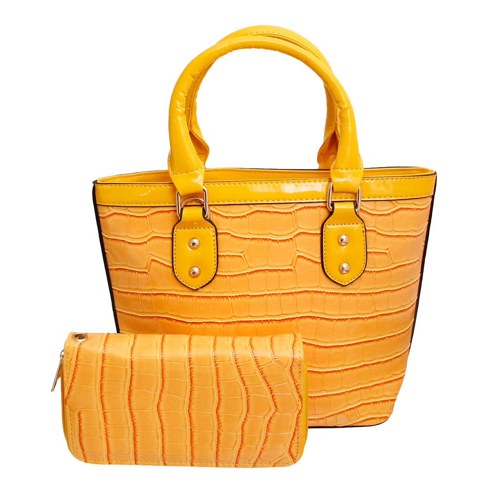 Shiny Yellow Croc Tote Bag Set