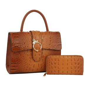 Brown Croc Bee Satchel Handbag Set