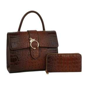 Dark Brown Croc Bee Satchel Handbag Set