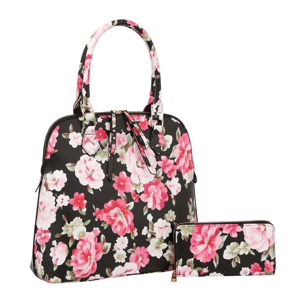 Black Floral Tall Dome Satchel Bag Set