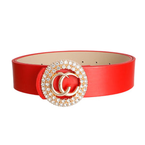 Red Vegan Leather Round Buckle Belt