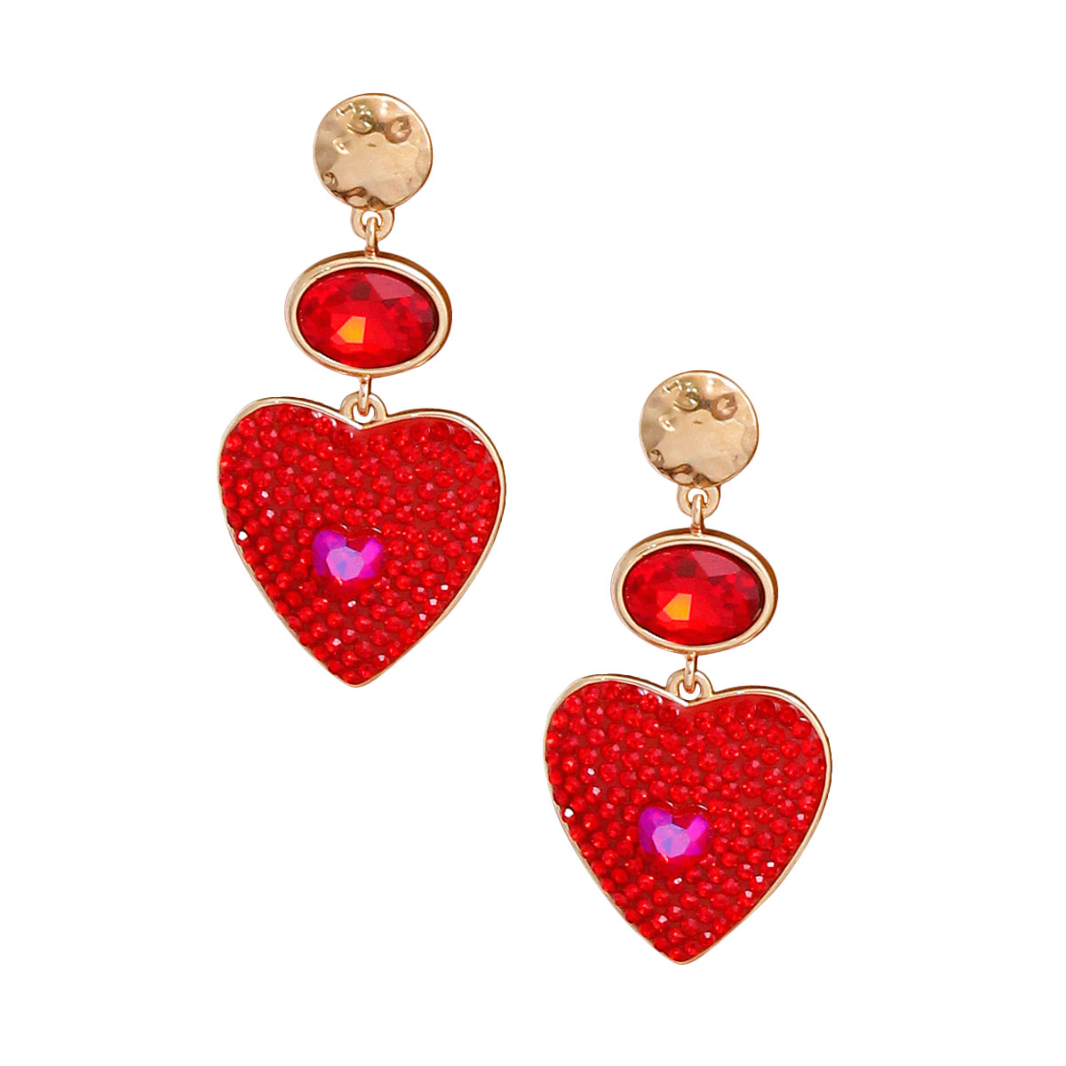 Gold Red Stone Heart Earrings