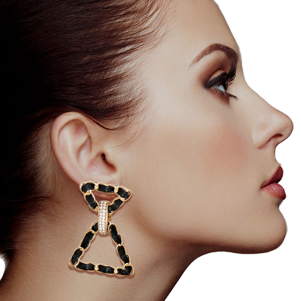 Black Woven Gold Triangle Earrings