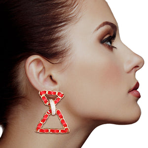 Red Woven Gold Triangle Earrings