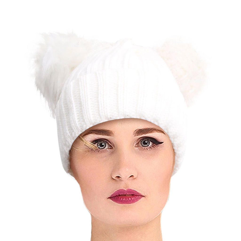 White Knit Double Pom Pom Hat