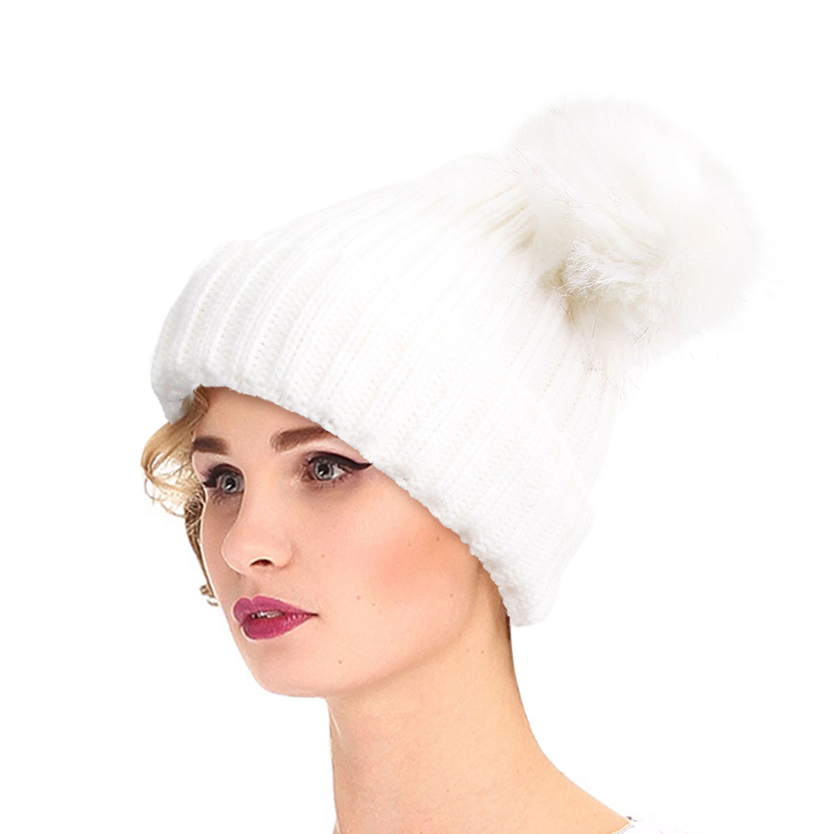 White Knit Double Pom Pom Hat