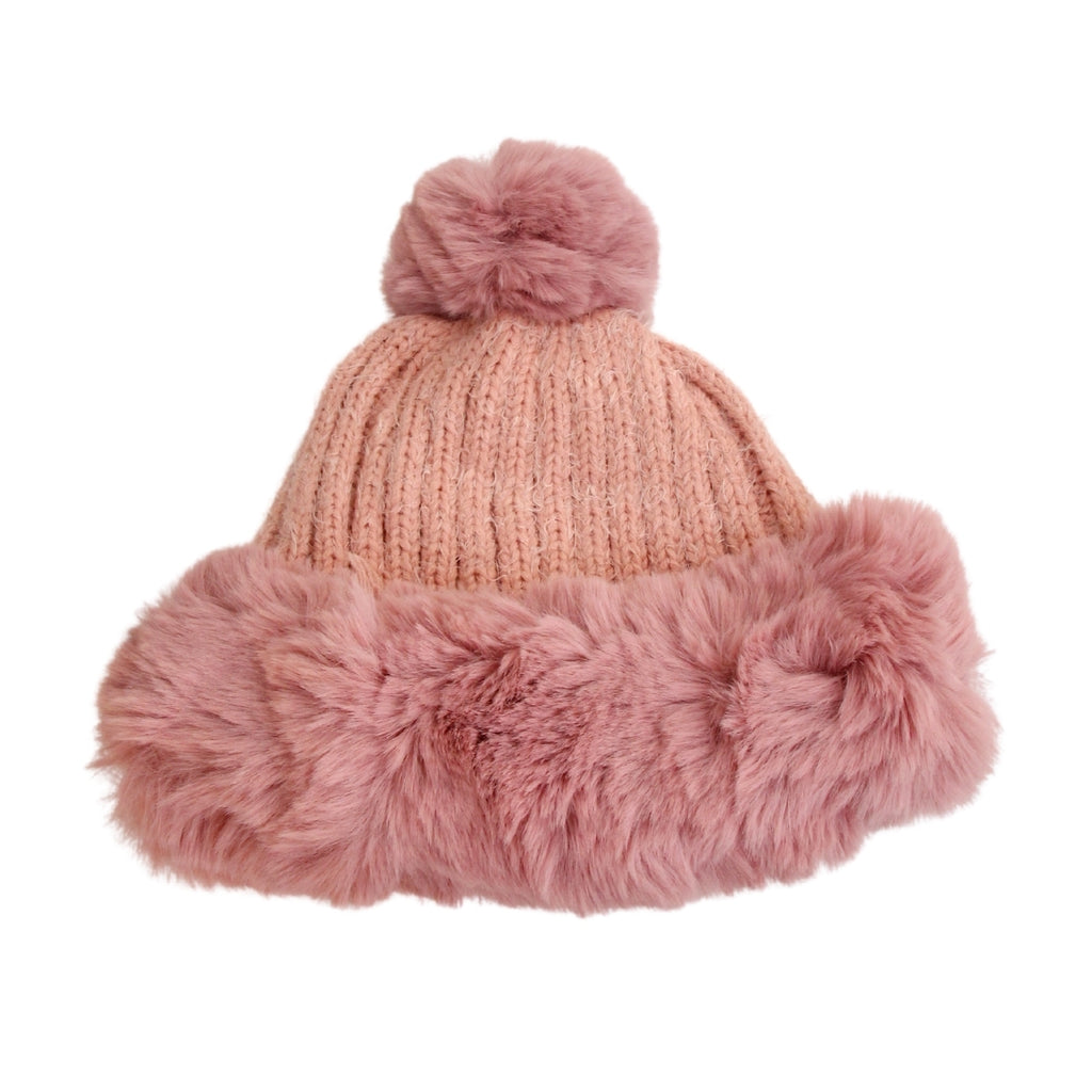 Pink Knit Fur Pom Pom Hat