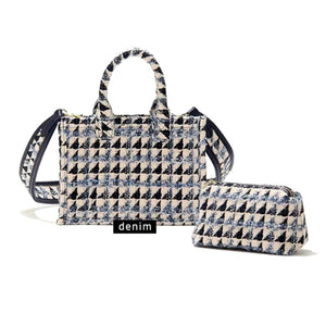 Denim Woven Geometric Tote Set