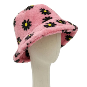 Pink Floral Faux Fur Bucket Hat