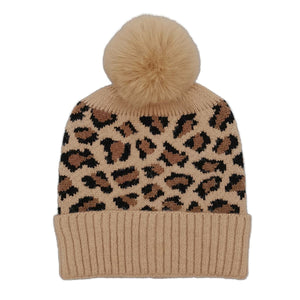 Camel Leopard Pom Beanie