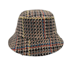 Beige Houndstooth Topstitch Bucket Hat