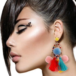 Rainbow Pom Tassel Earrings