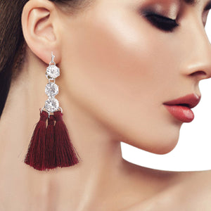 Burgundy Tassel Crystal Earrings