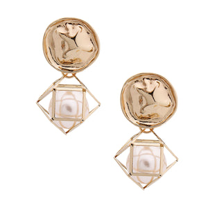 Gold Caged Pearl Earrings
