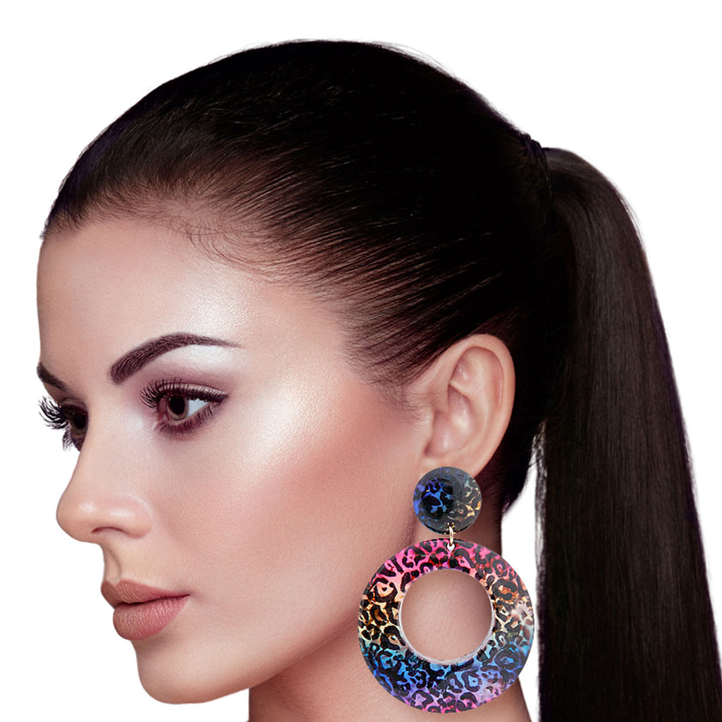 Round Rainbow Leopard Earrings