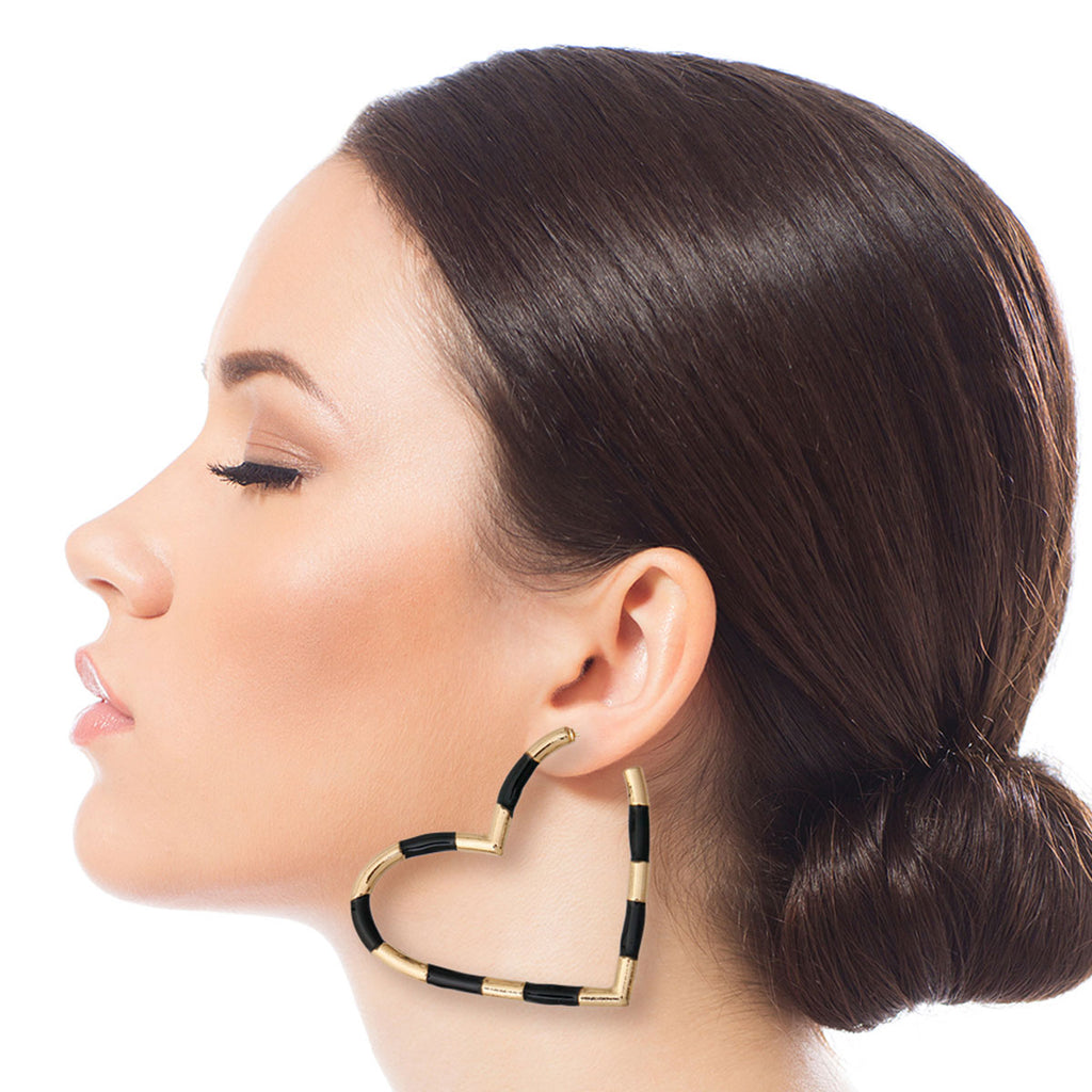 Black and Gold Stripe Heart Hoops