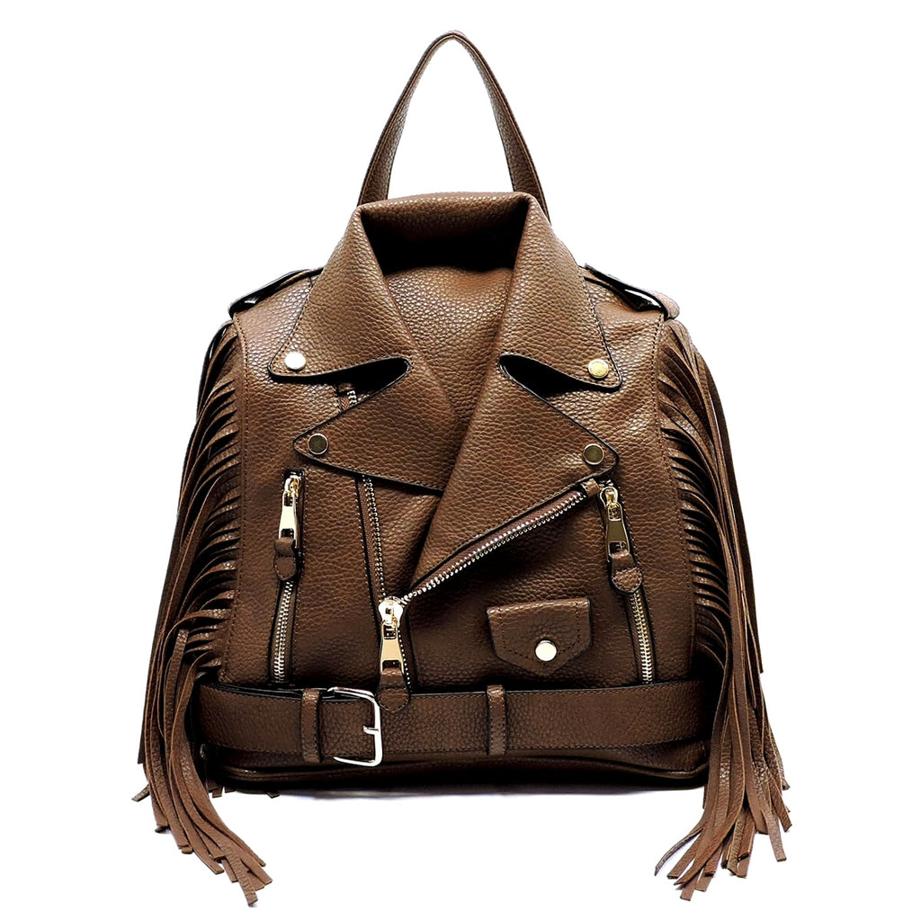 Brown Moto Jacket Fringe Backpack
