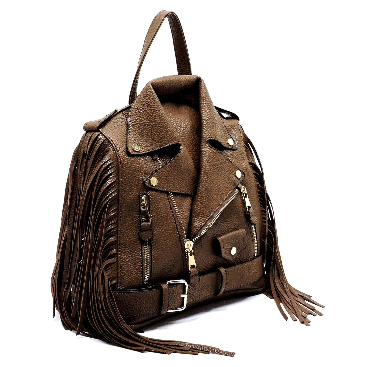 Brown Moto Jacket Fringe Backpack