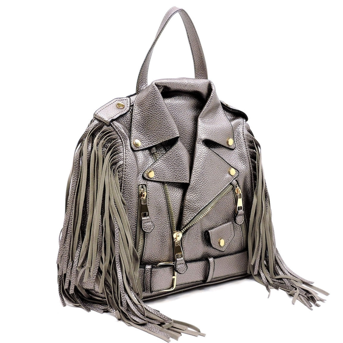 Dark Silver Moto Jacket Fringe Backpack