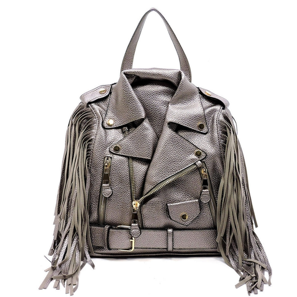 Dark Silver Moto Jacket Fringe Backpack